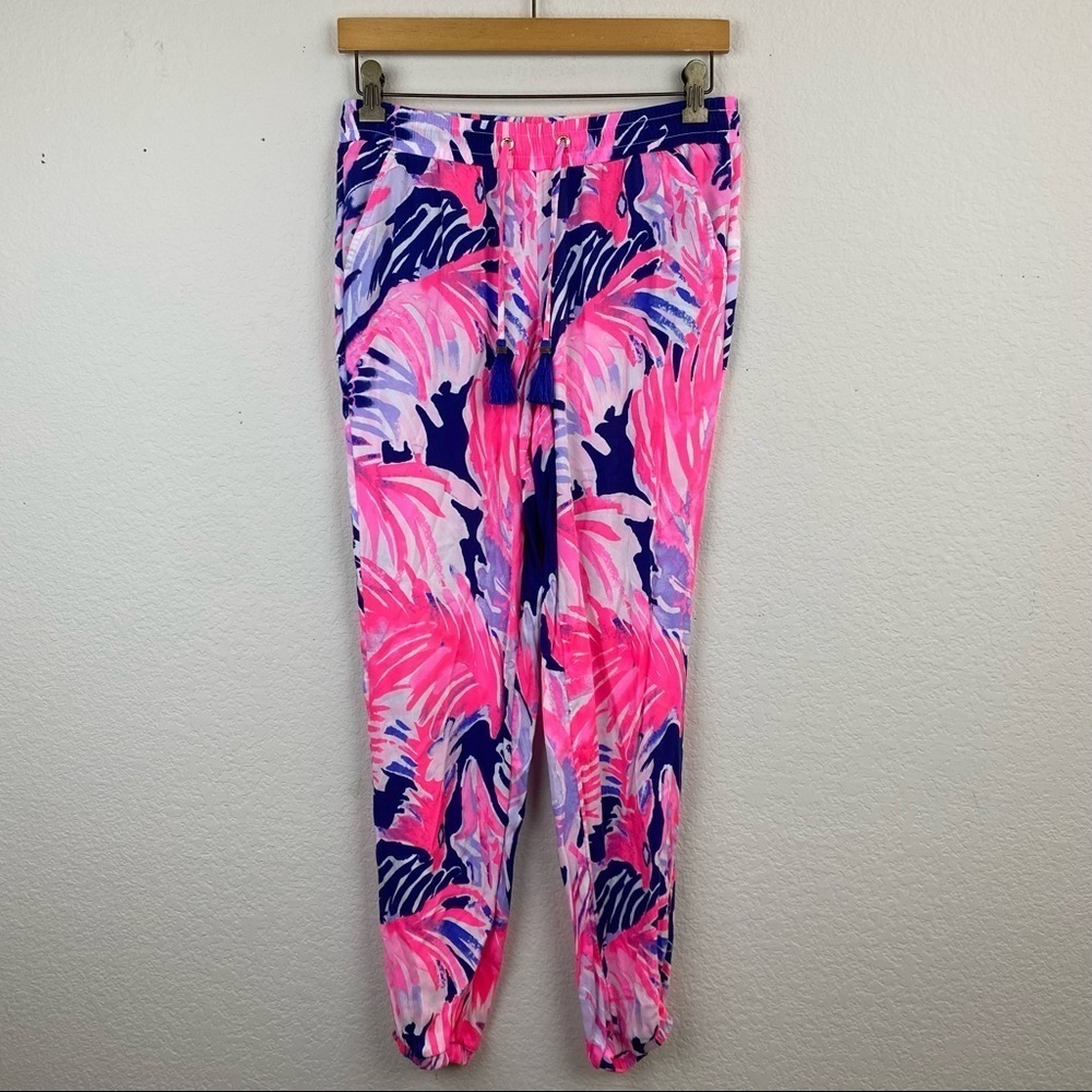 LILLY PULITZER Hot Pink Blue Palm XS Piper Jogger Pants Tassel Drawstring